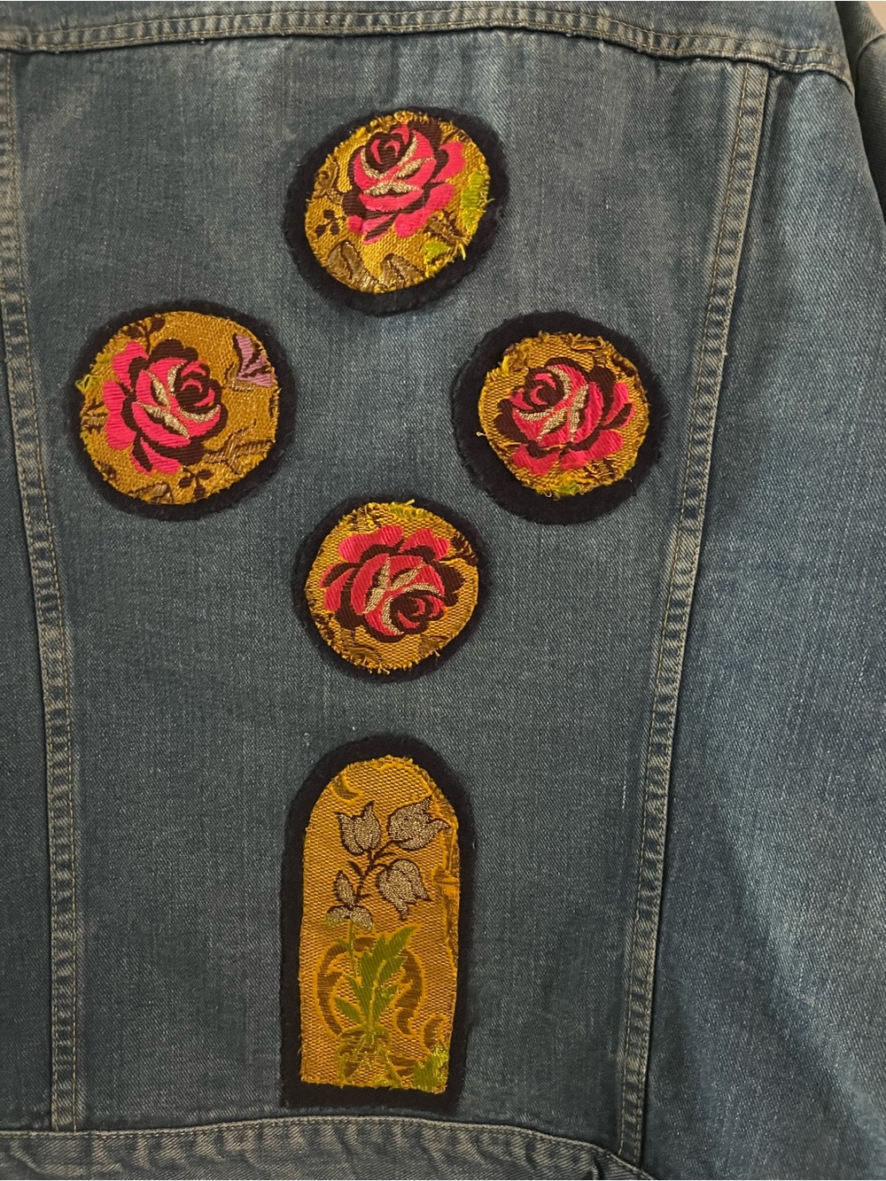 Upcycled Vintage Denim Jacket with Embroidered Patchwork - Blue - Picture 3 of 11